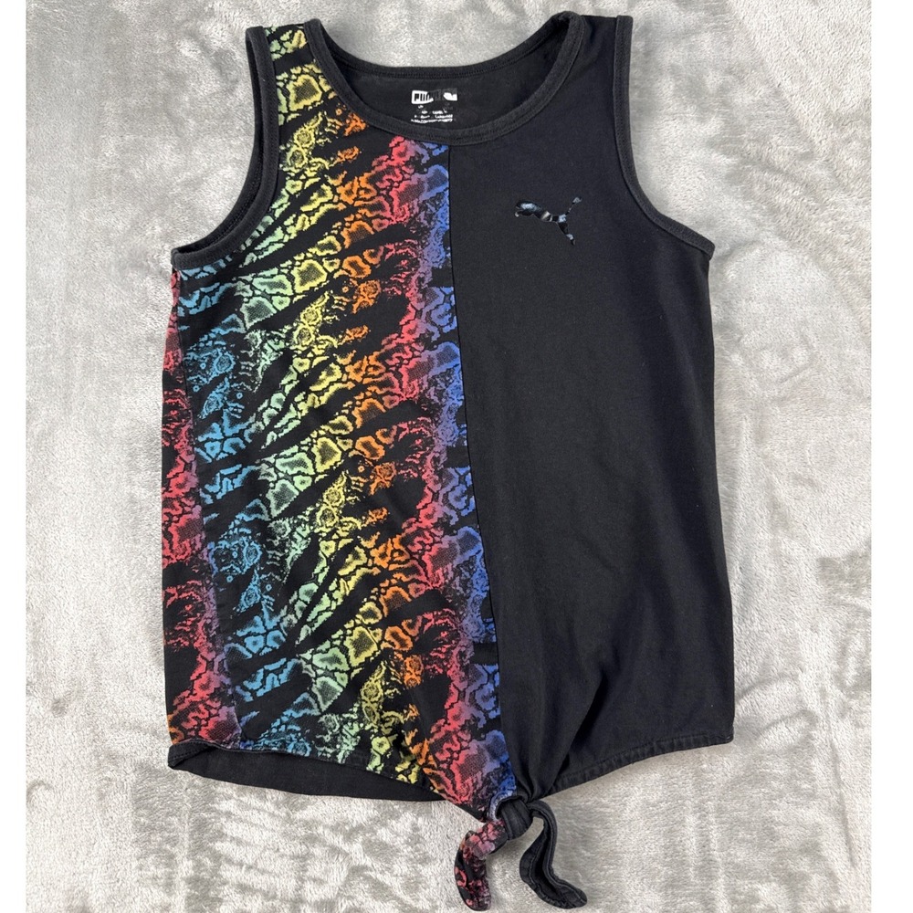 Puma Tank Top Girls L 12/14 Tie-Front Black Rainbow Animal Print EUC